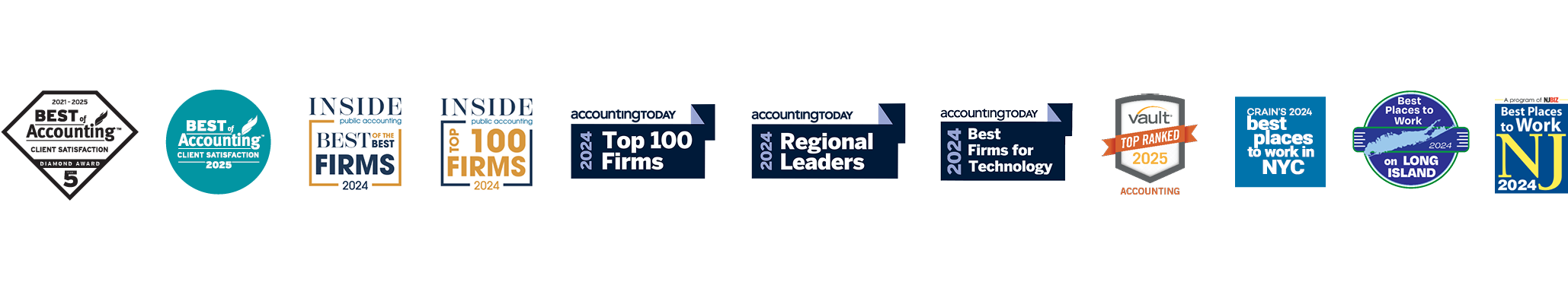 Strip of 11 third-party awards Grassi has won recently, including: Clearly Rated Best of Accounting Diamond Award for Client Satisfaction from 2021 through 2025; Clearly Rated Best of Accounting for Client Satisfaction, 2025; Inside Public Accounting Best of the Best Firms 2024; Inside Public Accounting Top 100 Firms 2024; Accounting Today Top 100 Firms, 2024; Accounting Today Regional Leaders 2024; Accounting Today Best Firms for Technology 2024, Vault Top Ranked in Accounting 2025, Crain's Best Places to Work in NYC 2024; Long Island Business News Best Places to Work on Long Island 2024, NJBiz Best Places to Work NJ 2024